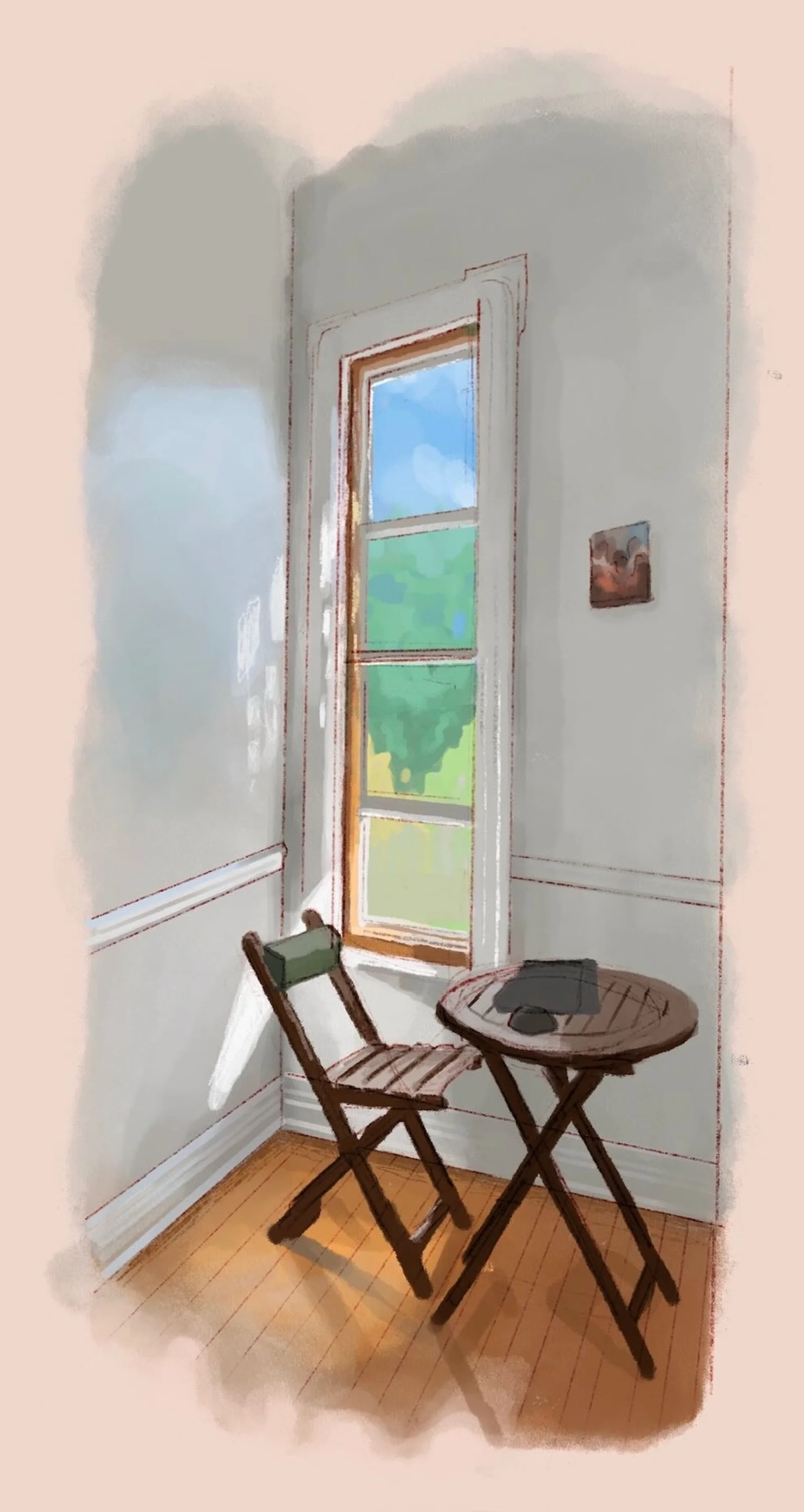 Temporary work setup in a little nook.